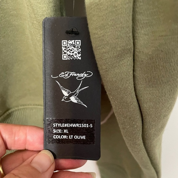 Ed Hardy lt olive long sleeve pullover hoodie double sided graphics XL New - Picture 4 of 11